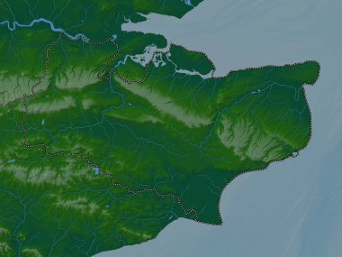 Kent, İngiltere idari kontluğu - Büyük Britanya. Gölleri ve nehirleri olan renkli yükseklik haritası