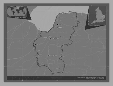 King 's Lynn ve West Norfolk, İngiltere' nin metropolitan olmayan bölgesi, Büyük Britanya. Göllü ve nehirli çift katlı yükseklik haritası. Bölgenin büyük şehirlerinin yerleri ve isimleri. Köşedeki yedek konum haritaları