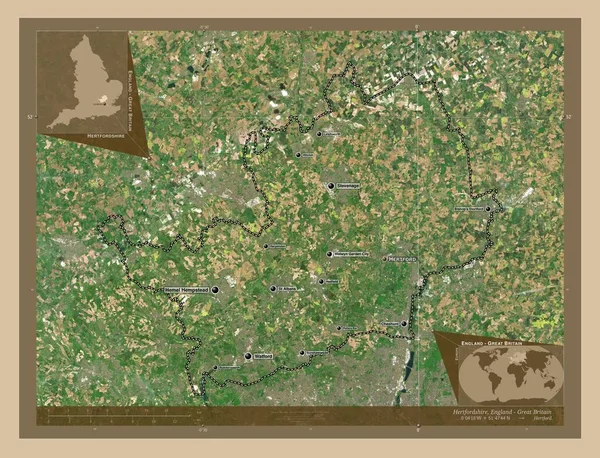 赫特福德郡 英国的行政区划 低分辨率卫星地图 该区域主要城市的地点和名称 角辅助位置图 — 图库照片
