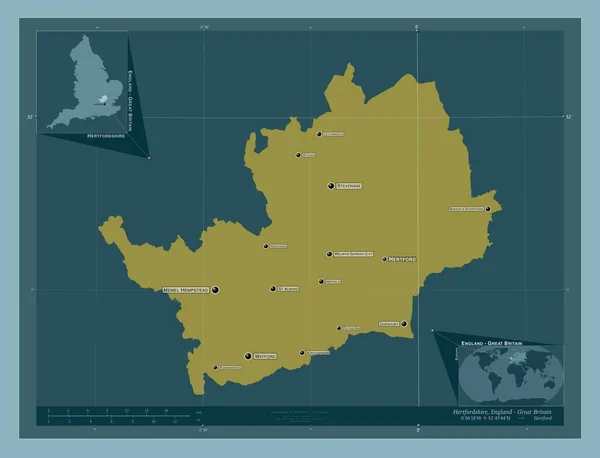 赫特福德郡 英国的行政区划 固体的颜色形状 该区域主要城市的地点和名称 角辅助位置图 — 图库照片