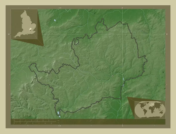 赫特福德郡 英国的行政区划 用Wiki风格绘制的带有湖泊和河流的高程地图 角辅助位置图 — 图库照片