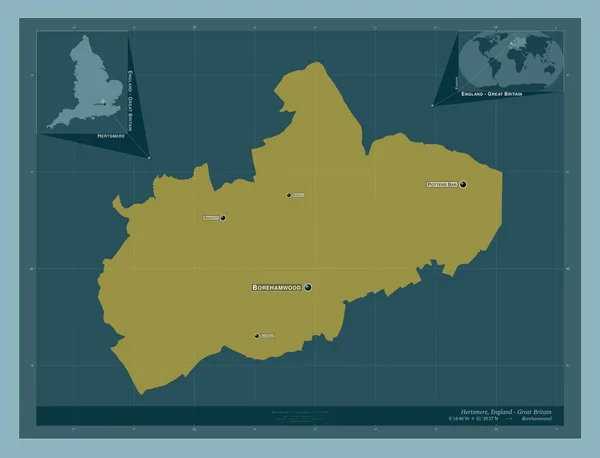 イギリスの首都圏ではない地区 ハートスミア イギリス しっかりした色の形 地域の主要都市の位置と名前 コーナー補助位置図 — ストック写真