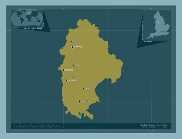 ハイピーク イングランドの非大都市圏 イギリス しっかりした色の形 地域の主要都市の位置と名前 コーナー補助位置図 — ストック写真