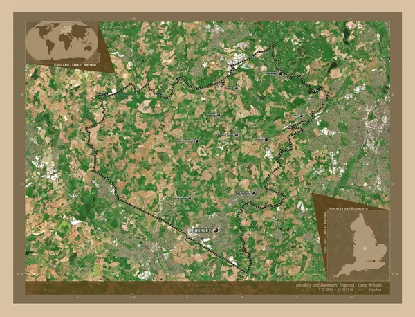 ヒンクリーとボズワース イギリスの首都圏ではない地域 イギリス 低解像度衛星地図 地域の主要都市の位置と名前 コーナー補助位置図 — ストック写真