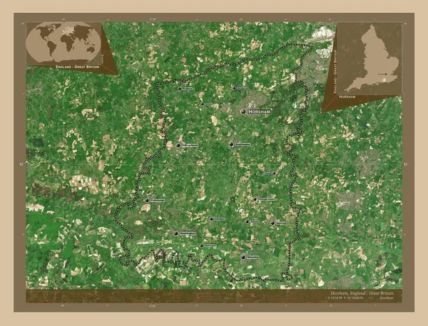 イギリスの非大都市圏 ホーシャム イギリス 低解像度衛星地図 地域の主要都市の位置と名前 コーナー補助位置図 — ストック写真