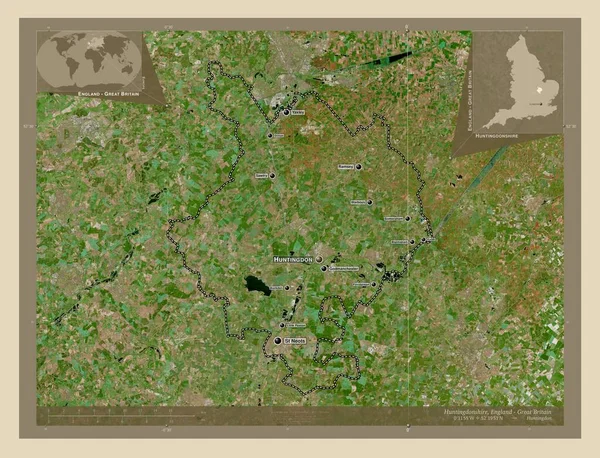 イギリスの首都圏ではないハンティントンシャー イギリス 高解像度衛星地図 地域の主要都市の位置と名前 コーナー補助位置図 — ストック写真
