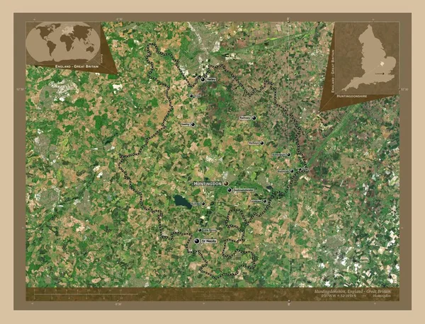 イギリスの首都圏ではないハンティントンシャー イギリス 低解像度衛星地図 地域の主要都市の位置と名前 コーナー補助位置図 — ストック写真