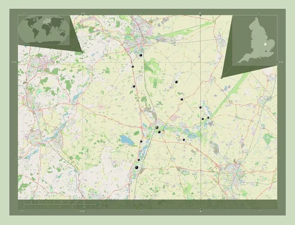 イギリスの首都圏ではないハンティントンシャー イギリス ストリートマップを開く 地域の主要都市の場所 コーナー補助位置図 — ストック写真