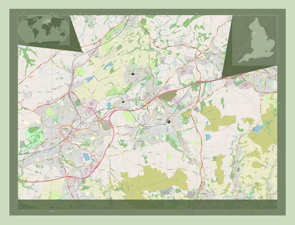 Hyndburn 英国非都市地区 开放街道地图 该区域主要城市的所在地点 角辅助位置图 — 图库照片