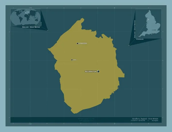 イングランドの非大都市圏であるハインドバーン イギリス しっかりした色の形 地域の主要都市の位置と名前 コーナー補助位置図 — ストック写真