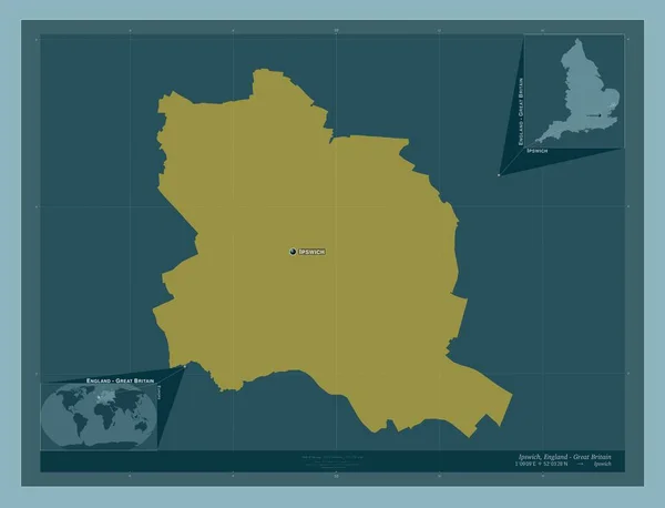 イングランドの非大都市圏であるイプスウィッチ イギリス しっかりした色の形 地域の主要都市の位置と名前 コーナー補助位置図 — ストック写真