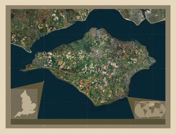 怀特岛 英格兰的单一政权 大不列颠 高分辨率卫星地图 该区域主要城市的所在地点 角辅助位置图 — 图库照片