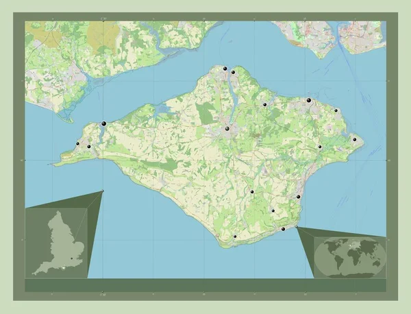 ワイト島 イギリスの単一権限 イギリス ストリートマップを開く 地域の主要都市の場所 コーナー補助位置図 — ストック写真