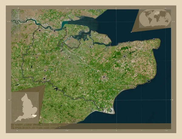 ケント イングランドの行政郡 イギリス 高解像度衛星地図 地域の主要都市の場所 コーナー補助位置図 — ストック写真