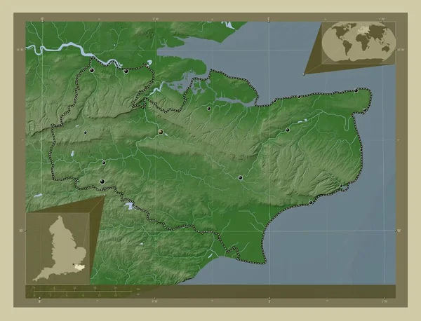 英格兰的行政区划 大不列颠 用Wiki风格绘制的带有湖泊和河流的高程地图 该区域主要城市的所在地点 角辅助位置图 — 图库照片