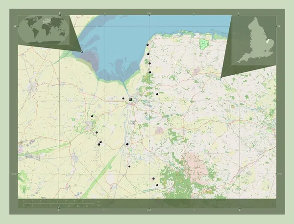 キングズ リンとウェスト ノーフォーク イングランドの非大都市圏 イギリス ストリートマップを開く 地域の主要都市の場所 コーナー補助位置図 — ストック写真