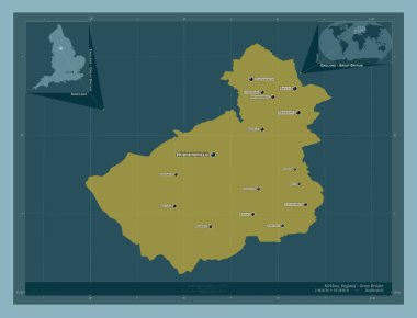 Kirklees, İngiltere idari kontluğu - Büyük Britanya. Katı renk şekli. Bölgenin büyük şehirlerinin yerleri ve isimleri. Köşedeki yedek konum haritaları