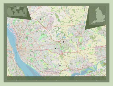 Knowsley, İngiltere 'nin idari ilçesi, Büyük Britanya. Açık Sokak Haritası. Bölgenin büyük şehirlerinin yerleri. Köşedeki yedek konum haritaları