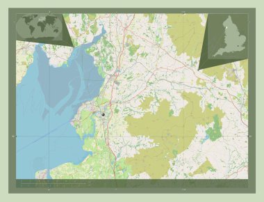 Lancaster, İngiltere 'nin metropolitan olmayan bölgesi, Büyük Britanya. Açık Sokak Haritası. Köşedeki yedek konum haritaları