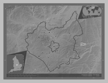 Leicestershire, İngiltere idari kontluğu - Büyük Britanya. Gölleri ve nehirleri olan gri tonlama yükseklik haritası. Bölgenin büyük şehirlerinin yerleri ve isimleri. Köşedeki yedek konum haritaları