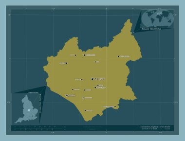 Leicestershire, İngiltere idari kontluğu - Büyük Britanya. Katı renk şekli. Bölgenin büyük şehirlerinin yerleri ve isimleri. Köşedeki yedek konum haritaları