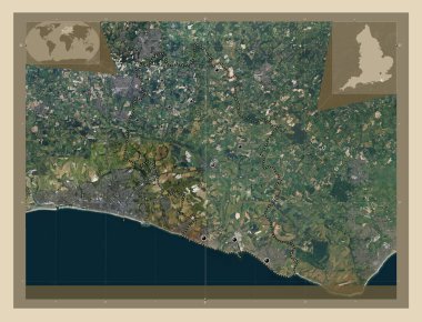 Lewes, İngiltere 'nin metropolitan olmayan bölgesi, Büyük Britanya. Yüksek çözünürlüklü uydu. Bölgenin büyük şehirlerinin yerleri. Köşedeki yedek konum haritaları