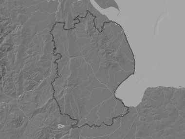 Hughnshire, İngiltere 'nin idari ilçesi - Büyük Britanya. Gölleri ve nehirleri olan çift seviyeli yükseklik haritası
