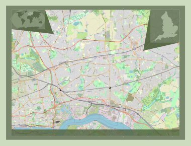 Londra Havlama ve Dagenham İlçesi, İngiltere 'nin Londra ilçesi - Büyük Britanya. Açık Sokak Haritası. Bölgenin büyük şehirlerinin yerleri. Köşedeki yedek konum haritaları