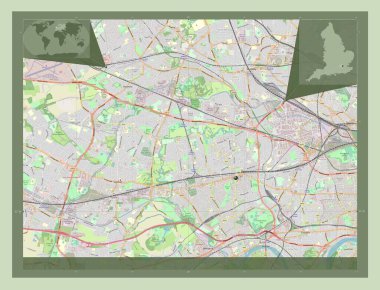 Londra Ealing İlçesi, İngiltere 'nin Londra ilçesi, Büyük Britanya. Açık Sokak Haritası. Köşedeki yedek konum haritaları