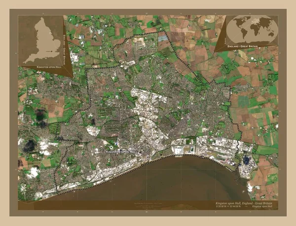 Kingston upon Hull, unitary authority of England - Great Britain. Low resolution satellite map. Locations and names of major cities of the region. Corner auxiliary location maps