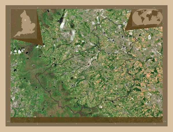 柯克蕾斯 英格兰的行政区划 大不列颠 低分辨率卫星地图 该区域主要城市的所在地点 角辅助位置图 — 图库照片