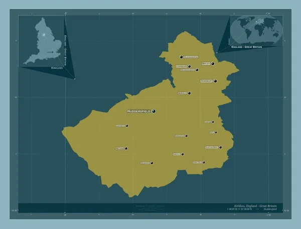 カークレス イングランドの行政郡 イギリス しっかりした色の形 地域の主要都市の位置と名前 コーナー補助位置図 — ストック写真