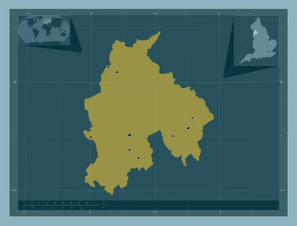 兰开夏郡 英格兰的行政区划 大不列颠 固体的颜色形状 该区域主要城市的所在地点 角辅助位置图 — 图库照片