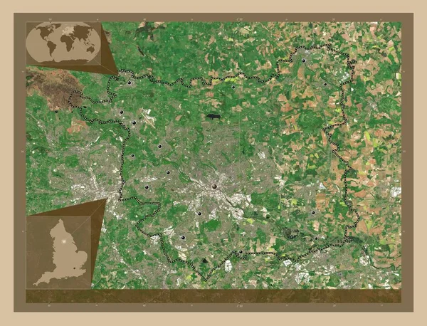 リーズ イングランドの行政郡 イギリス 低解像度衛星地図 地域の主要都市の場所 コーナー補助位置図 — ストック写真