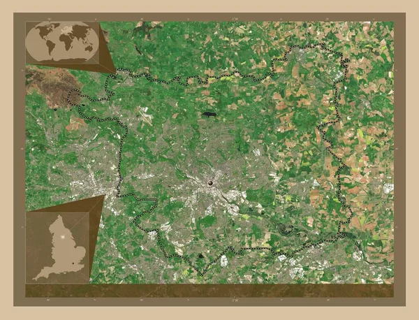リーズ イングランドの行政郡 イギリス 低解像度衛星地図 コーナー補助位置図 — ストック写真