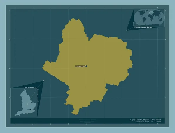 レスター市 イギリスの統一当局 イギリス しっかりした色の形 地域の主要都市の位置と名前 コーナー補助位置図 — ストック写真