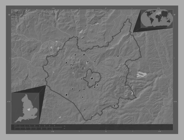 レスターシャー イギリスの行政郡 イギリス 湖や川と二階の標高マップ 地域の主要都市の場所 コーナー補助位置図 — ストック写真