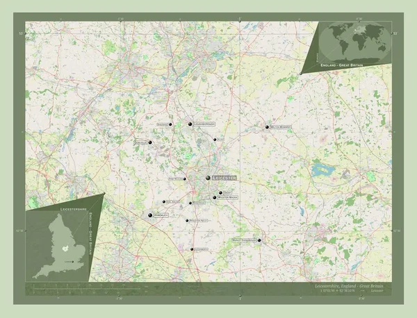 莱斯特郡 英格兰的行政区划 大不列颠 开放街道地图 该区域主要城市的地点和名称 角辅助位置图 — 图库照片