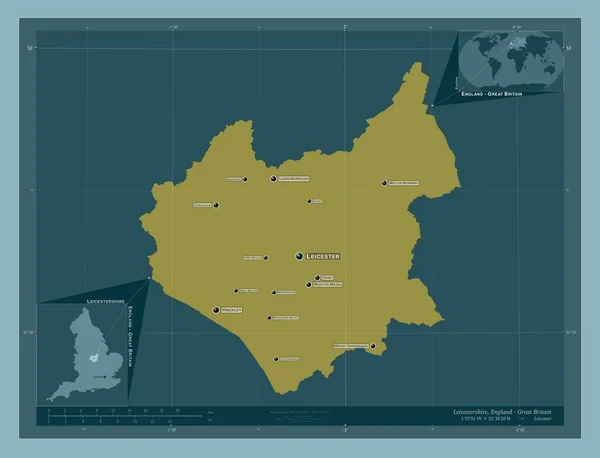 莱斯特郡 英格兰的行政区划 大不列颠 固体的颜色形状 该区域主要城市的地点和名称 角辅助位置图 — 图库照片