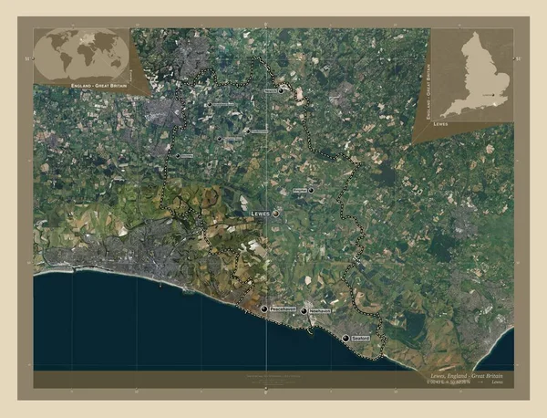 イングランドの非大都市圏 ルイス イギリス 高解像度衛星地図 地域の主要都市の位置と名前 コーナー補助位置図 — ストック写真