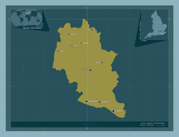 イングランドの非大都市圏 ルイス イギリス しっかりした色の形 地域の主要都市の位置と名前 コーナー補助位置図 — ストック写真