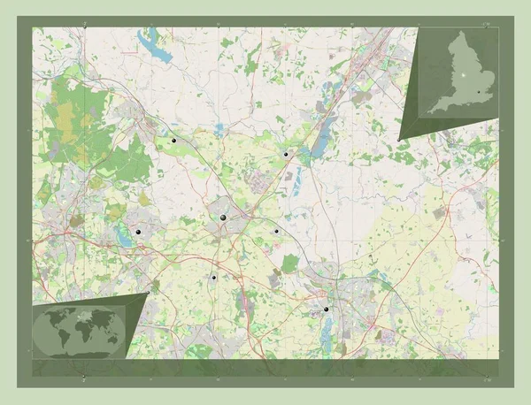イギリスの首都圏ではないリヒフィールド イギリス ストリートマップを開く 地域の主要都市の場所 コーナー補助位置図 — ストック写真