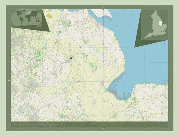 Lincolnshire, administrative county of England - Great Britain. Open Street Map. Corner auxiliary location maps