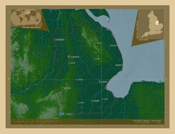 Линкольншир Административный Округ Англии Великобритания Цветная Карта Высоты Озерами Реками — стоковое фото