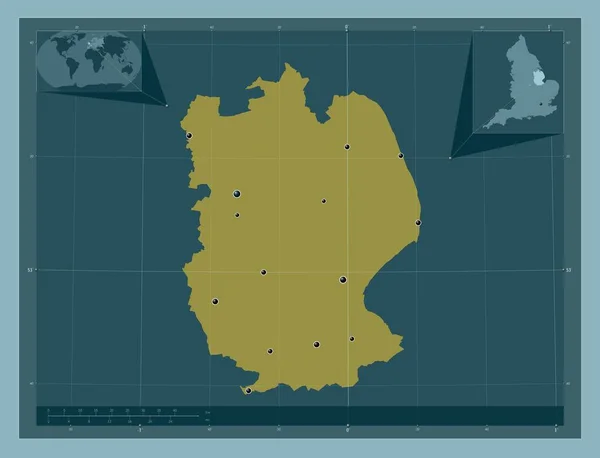 林肯郡 英格兰的行政区划 大不列颠 固体的颜色形状 该区域主要城市的所在地点 角辅助位置图 — 图库照片