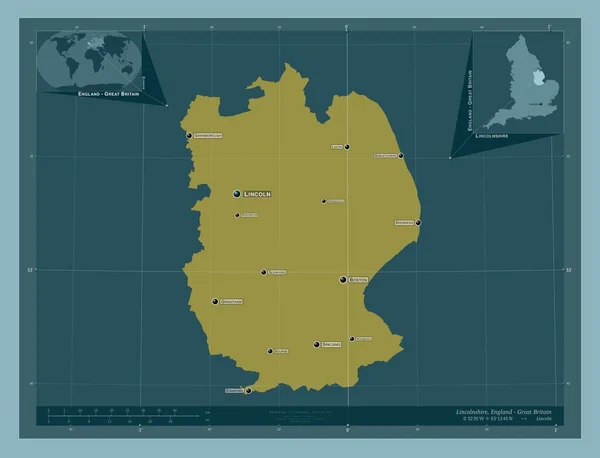 リンカーンシャー イングランドの行政郡 イギリス しっかりした色の形 地域の主要都市の位置と名前 コーナー補助位置図 — ストック写真