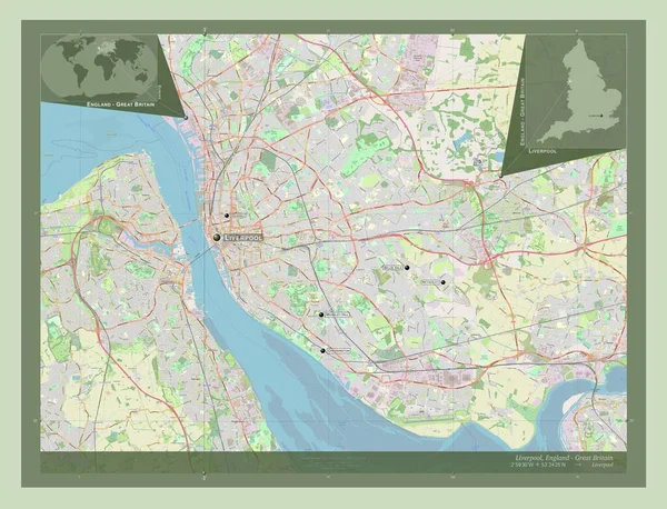 利物浦 英格兰的行政区划 大不列颠 开放街道地图 该区域主要城市的地点和名称 角辅助位置图 — 图库照片