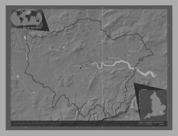Londra, İngiltere 'nin Londra ilçesi, Büyük Britanya. Göllü ve nehirli çift katlı yükseklik haritası. Bölgenin büyük şehirlerinin yerleri ve isimleri. Köşedeki yedek konum haritaları