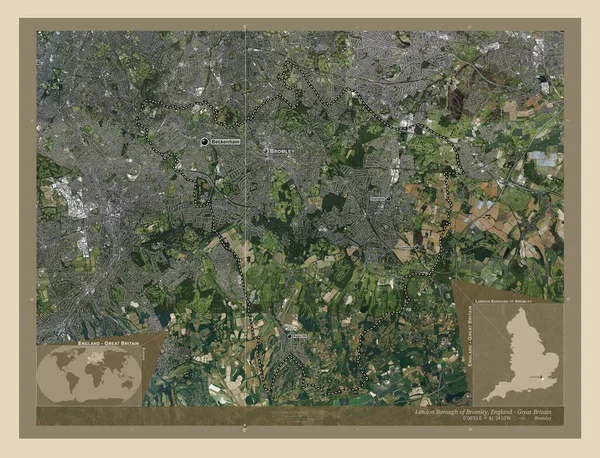 ロンドン ブロムリー ロンドン イングランド イギリス 高解像度衛星地図 地域の主要都市の位置と名前 コーナー補助位置図 — ストック写真