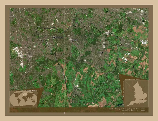 伦敦布罗姆利自治区 英国伦敦自治区 低分辨率卫星地图 该区域主要城市的地点和名称 角辅助位置图 — 图库照片
